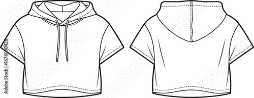 Cropped short-sleeve hoodie technical fashion sketch front and back view vector for apparel design, garment construction, and manufacturing reference