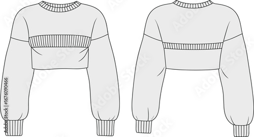 cropped sweater technical flat sketch, ribbed crew neckline fashion vector, voluminous sleeve garment drawing, front and back apparel illustration design