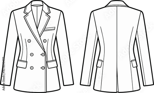 Double-breasted blazer sketch, front and back view, notched lapel, flap pockets, tailored seams, fashion illustration, garment construction, template