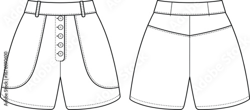 High-waisted shorts technical sketch, front and back view, fashion flat drawing, button fly, belt loops, curved pockets, apparel template, vector illustration