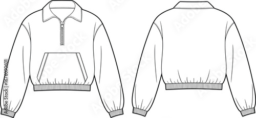 Long sleeve pullover sweatshirt, half zip pointed collar, kangaroo pocket, ribbed cuffs hem, front back technical fashion flat sketch illustration