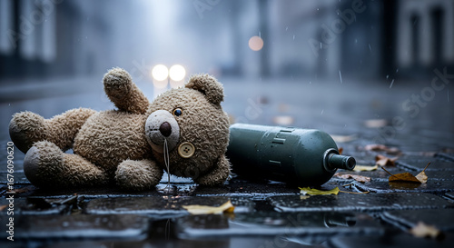 Abandoned Teddy Bear and Weapon on Wet Street Symbolizing Lost Childhood Amidst Conflict