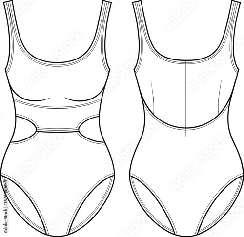One-piece swimsuit fashion sketch, front and back view, technical illustration, scoop neckline, cut-out waist, garment design, apparel template, vector drawing