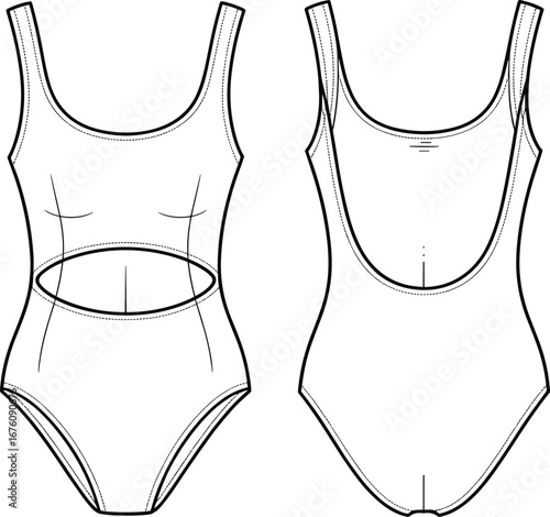One-piece swimsuit technical sketch, scoop neckline, cut-out detail, deep scoop back, high-cut leg, fashion flat drawing, apparel design
