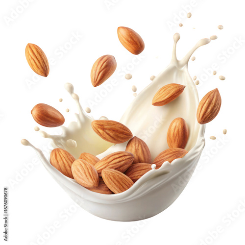 Almonds falling into fresh milk splash on white or transparent background