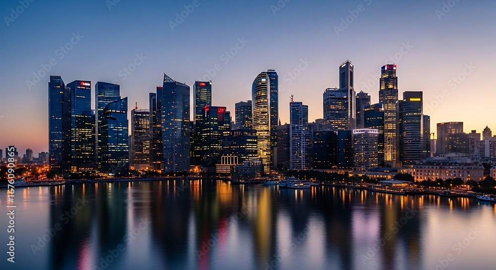 Naklejka premium Singapore City Skyline at Dusk with Reflections.
