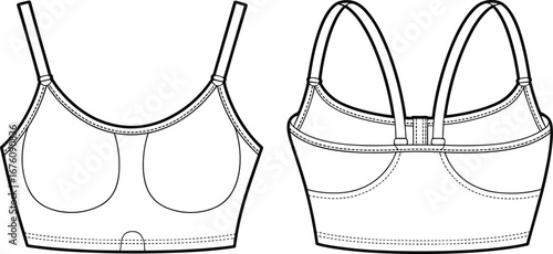 Sports bra technical illustration, front and back view, adjustable straps, scoop neckline, contour seams, garment design, fashion sketch, sewing reference