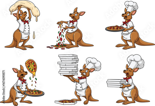 PrintFunny cartoon kangaroo chef cooking pizza, tossing dough, adding toppings, delivering boxes, restaurant animal character illustration for food and culinary designs