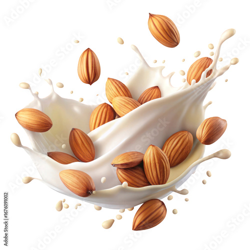 Almonds falling into fresh milk splash on white or transparent background