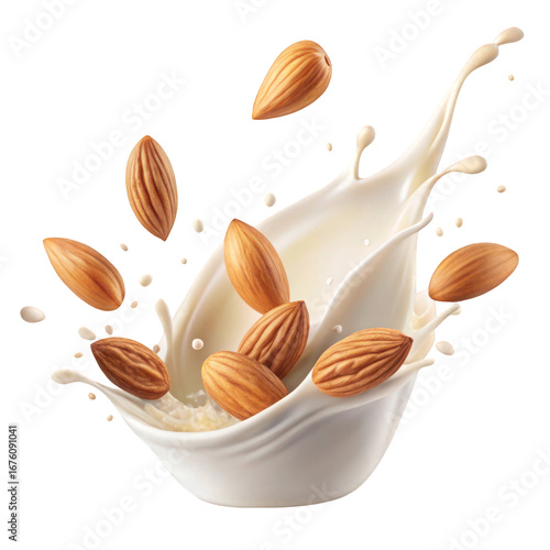 Almonds falling into fresh milk splash on white or transparent background