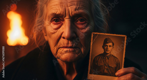 Elderly Woman Holding Vintage Soldier Photo by Firelight, Reflecting on War Memories
