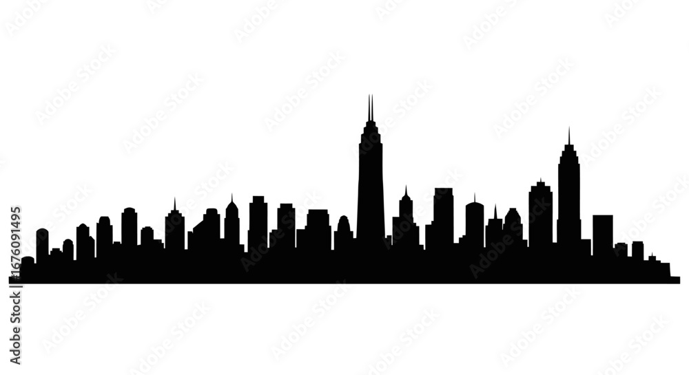 Fototapeta premium Silhouette of a Modern City Skyline Against White Background.