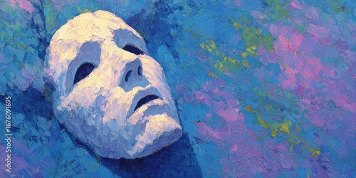 White Mask on a Blue and Purple Textured Background