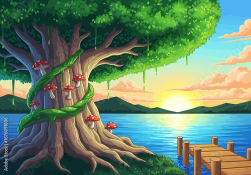 Vector art of enchanting pixel art scene of a massive ancient tree with mushrooms and a winding vine, overlooking a serene lake at sunset with a wooden pier