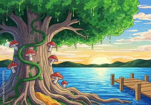 Vector art of enchanting pixel art scene with a large ancient tree adorned with mushrooms, overlooking a serene lake at sunset with a wooden pier