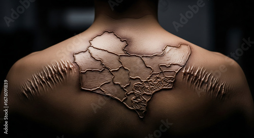 Scarred Map of a Region on Human Back with Trauma Marks, Symbolizing Identity, History, and Burden