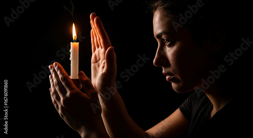 Woman holding a lit candle, shielding its flame in the dark, a symbol of hope, prayer, or quiet contemplation.