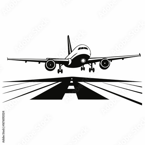 Airplane taking off from runway in black and white illustration  