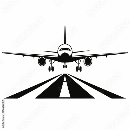 Airplane taking off from runway in black and white illustration  