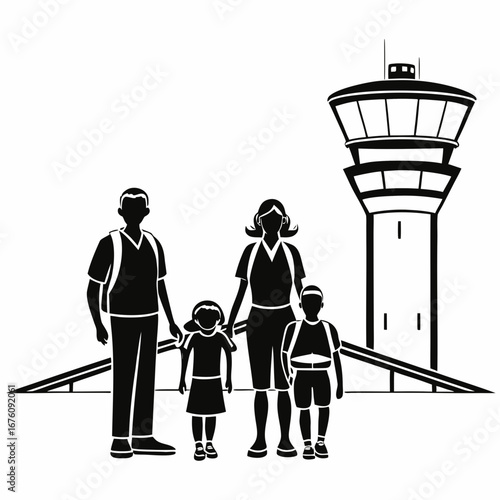 Family at airport standing in front of control tower illustration  