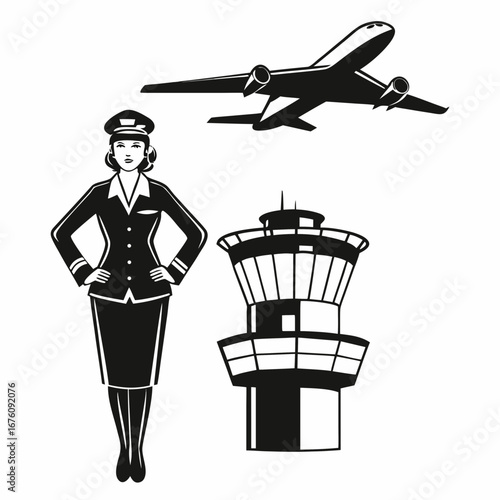 Flight attendant standing confidently by control tower and airplane  