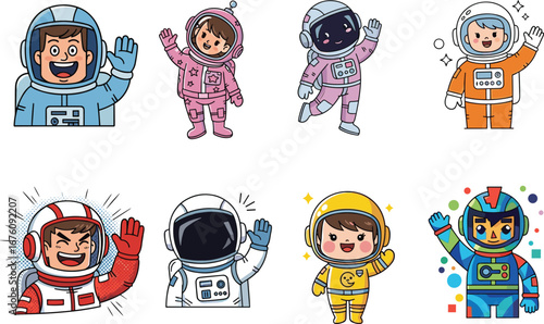 Cartoon Astronaut Characters in Colorful Space Suits, Vector Set of Happy Kids and Adults in Spacesuits, Fun Space Exploration Illustration
