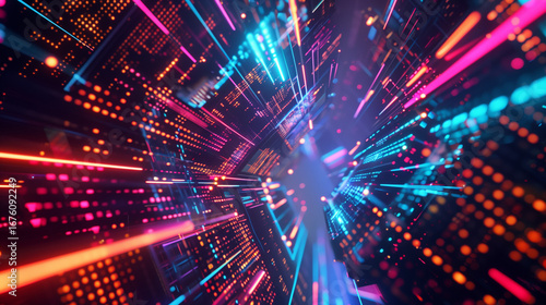 Wallpaper Mural A holographic data matrix reveals vibrant light trails and patterns, creating an immersive digital landscape. Colorful beams radiate in various directions, capturing the essence of future technology Torontodigital.ca