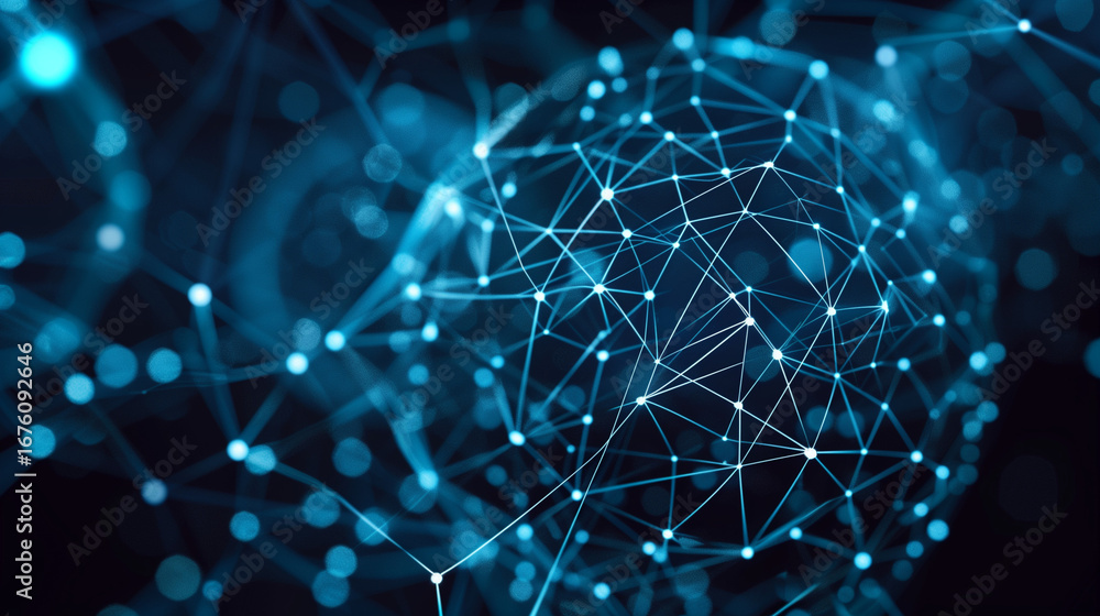 Obraz premium A glowing sphere composed of intricate digital networks shines with vibrant blue light, representing the futuristic concept of blockchain technology in a high-tech environment