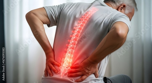 Elderly man suffering from back pain, spinal column with arthritis, disc damage and chronic back pain designed for clinical scienc