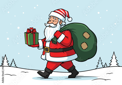 Vector art of santa claus walking in the snow with a sack of gifts and a present in his hand, festive christmas illustration
