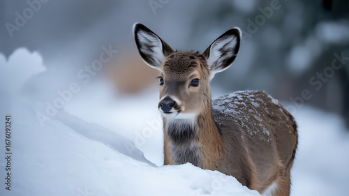 Wallpaper Mural Graceful Fawn in Winter's Embrace A Portrait of Wildlife Amidst a Snowy Landscape Torontodigital.ca