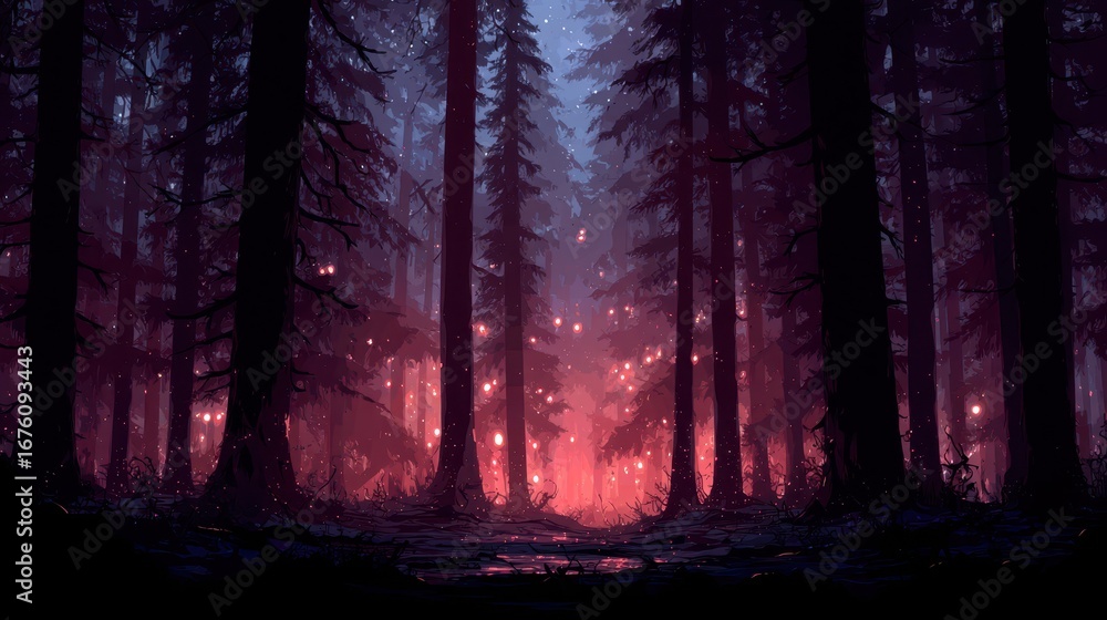Fototapeta premium Enigmatic Forest with Glowing Eyes Emerging from the Dark Shadows
