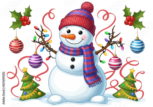 Vector art of cute snowman wearing a red knitted hat and scarf, decorated with colorful christmas lights and ornaments, surrounded by holly and festive ribbons