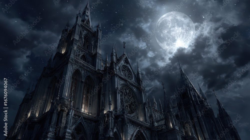 Obraz premium Dramatic Gothic Cathedral Illuminated by Moonlight in Night Sky