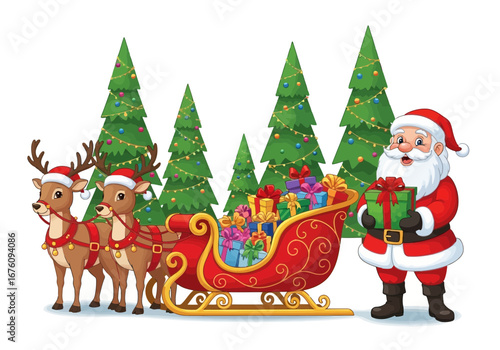 Vector art of santa claus with reindeer and sleigh full of gift boxes