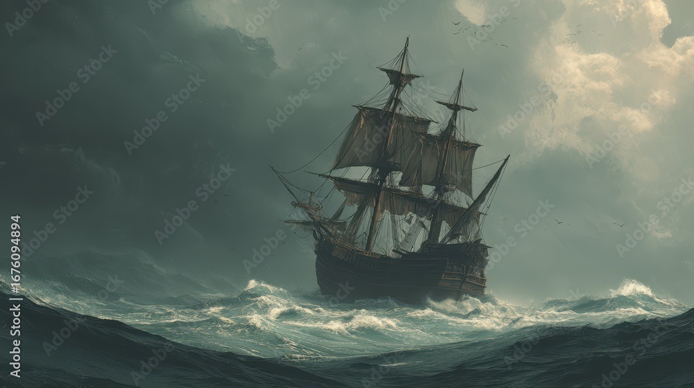 Obraz premium Dramatic Pirate Ship Sailing Through Stormy Seas Illustration