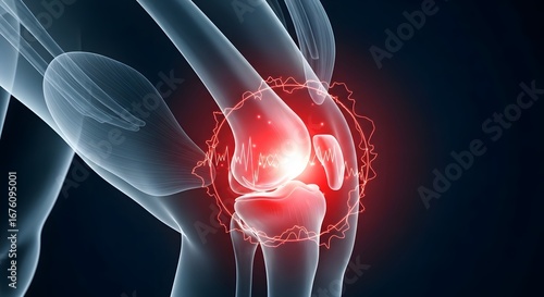 knee pain showing bones and joint inflammation, knee joint arthritis with cartilage injury and inflammation designed for healthcare