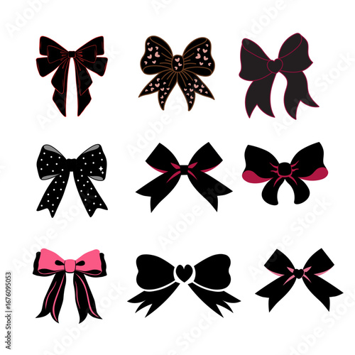Hand-drawn black ribbon bow collection. Set of decorative bowknots, retro bow ties, gift ribbons, and cartoon-style bows for decoration and design.