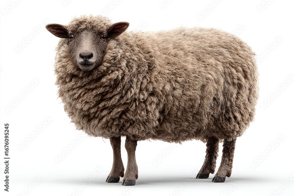 Fototapeta premium Sheep, full shot, facing forward, against white background. Fluffy, light brown/gray coat. Solid, alert gaze