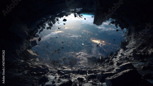 Dramatic View of Ruins of Space Station Above Earth at Dusk