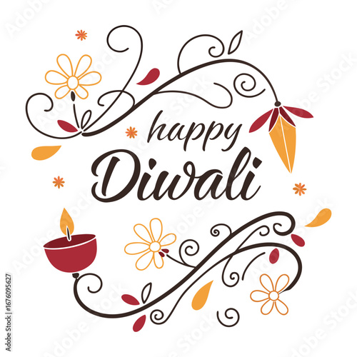 Bright and festive “Happy Diwali” typography adorned with glowing lamps, vibrant colors, and sparkling lights, capturing the joy and warmth of the festival.
