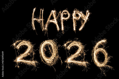 Happy 2026 geschrieben mit Feuerwerk zum Jahreswechsel