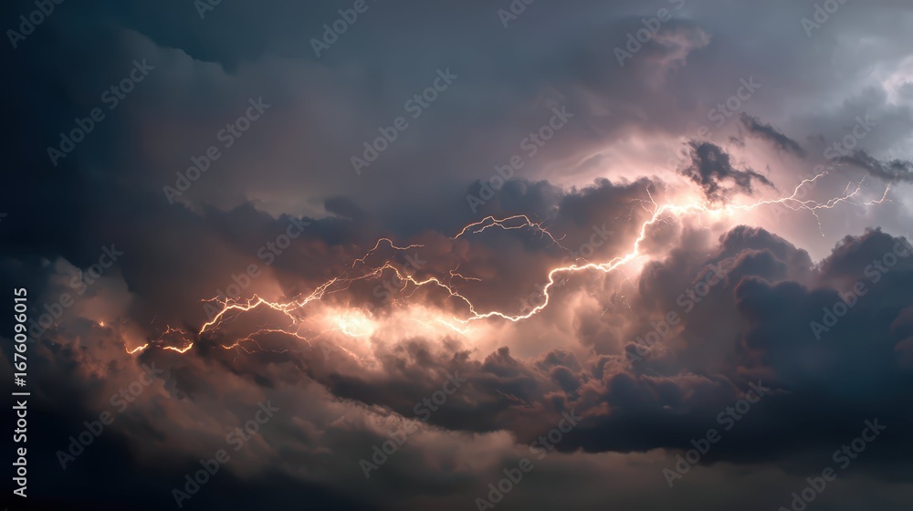 Obraz premium Dramatic Stormy Sky with Cracked Lightning Patterns at Dusk