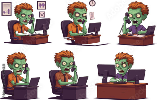 Zombie cartoon vector illustration, humorous office scenes, funny business character, phone call moments, desk work stress, digital artwork for content