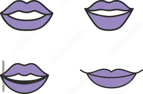 Set of Cartoon Lips in Various Expressions with Pink and Lavender Colors. Graphic elements for design.
