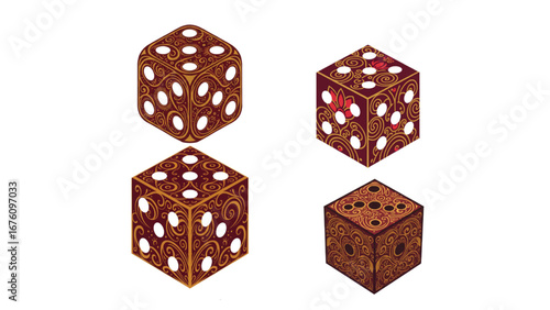 Sri Lankan Cultural Dice Logo with Kandyan Swirls, Lotus and Peacock Feather Motifs