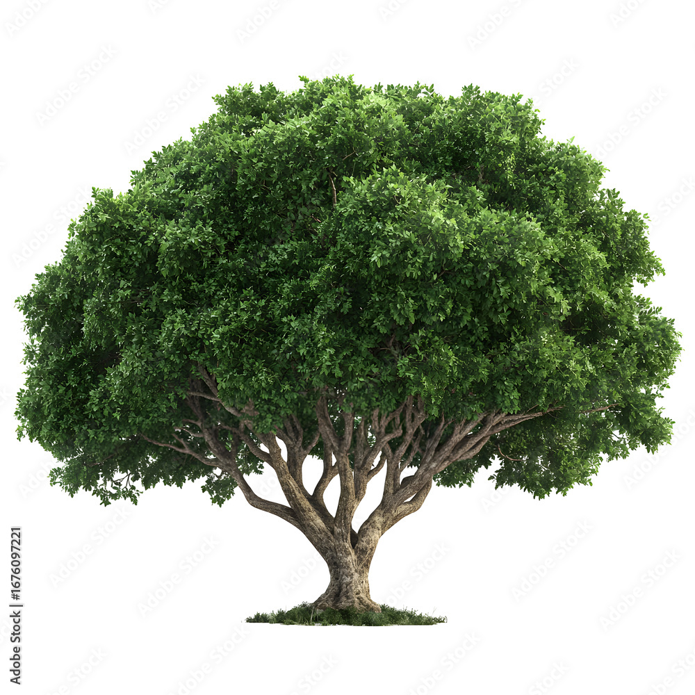 Obraz premium Solitary tree with lush green foliage against a stark black background rendering