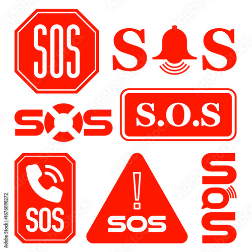 Set of red icons with the letters SOS displayed in various styles emergency signals includes a stop sign bell lifebuoy and warning triangle