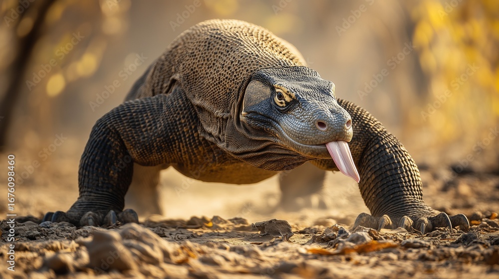 Obraz premium A large komodo dragon roams dry terrain, displaying its unique texture and colors
