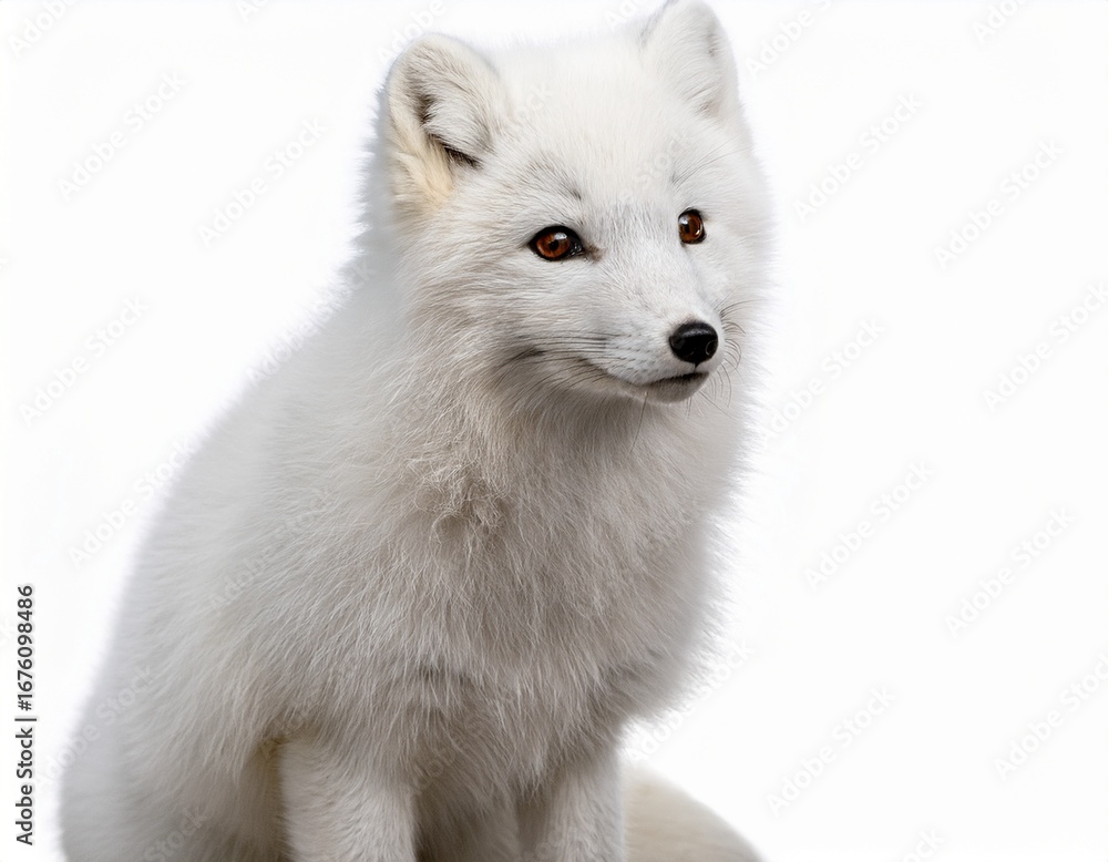 Naklejka premium a beautiful white arctic fox sitting calmly against a white background